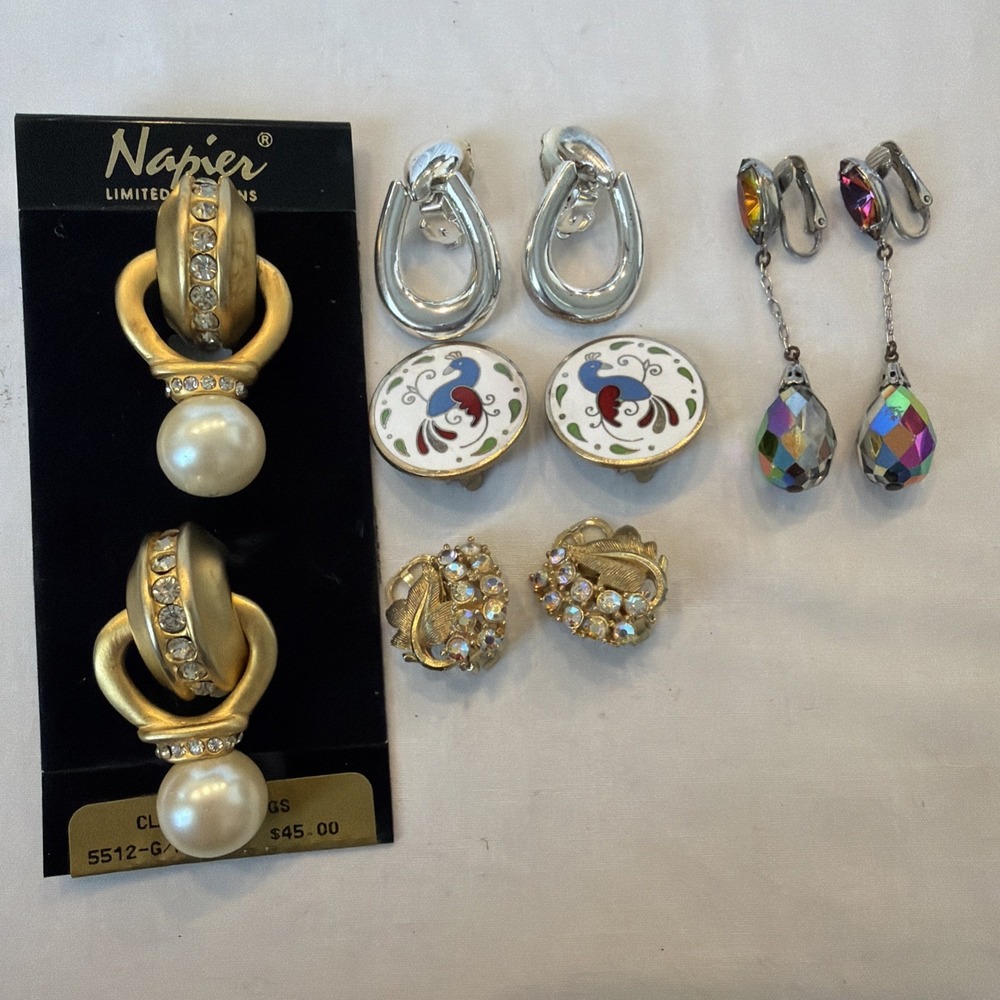 Vintage Clip On Earrings Lot Napier NWT‎ Rhinestone Enamel Dangle 5 Pairs